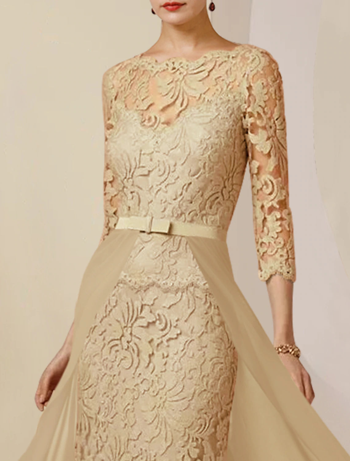 Close-up of the scoop neck and 3/4 lace sleeves on the elegant dress.