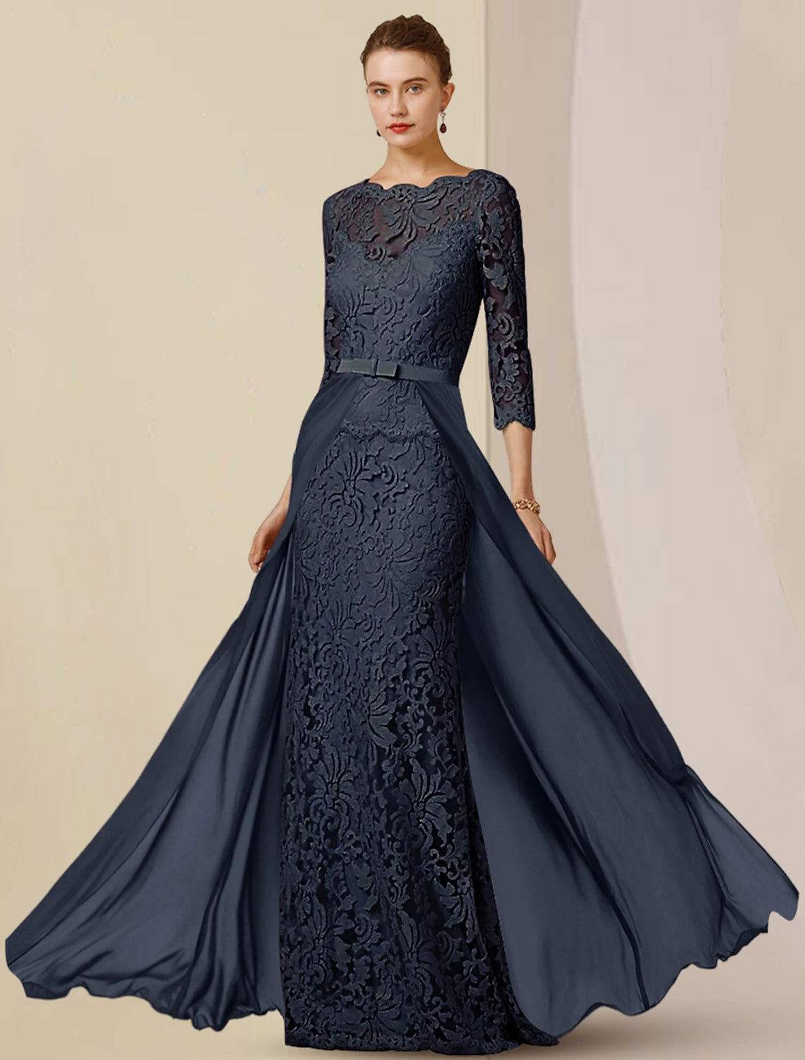 Woman posing in the Weitese floor-length sheath dress for formal occasions.