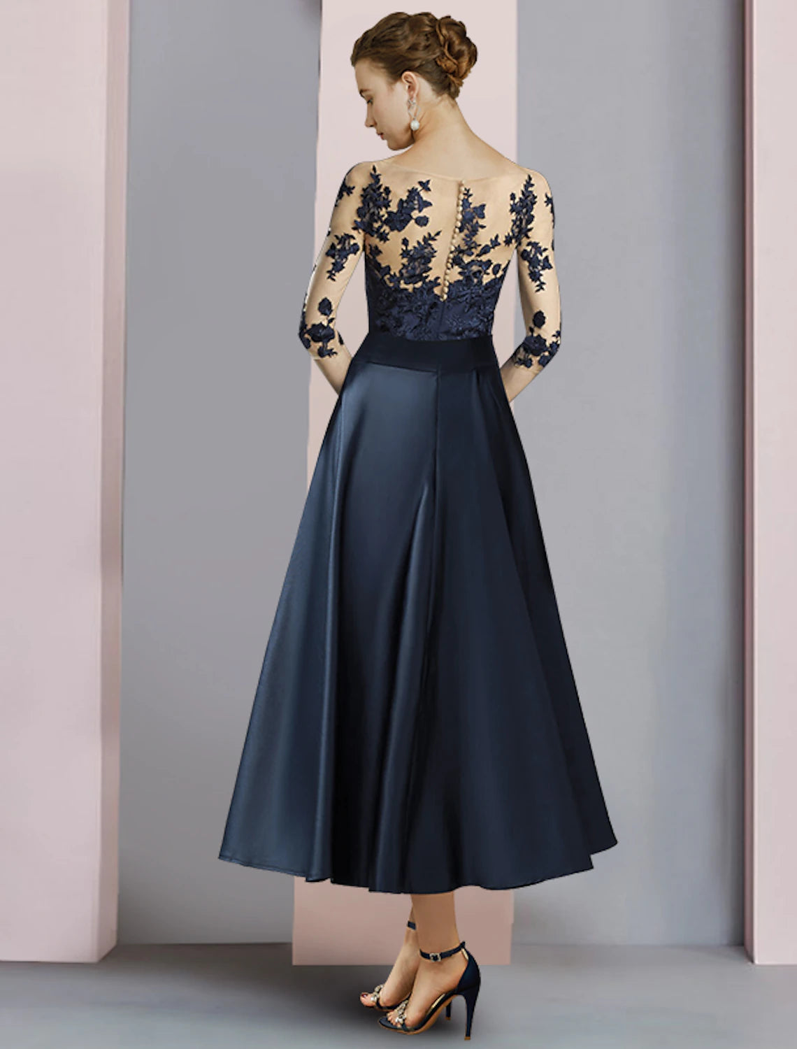 Back view of the Weitese satin lace ankle-length dress, featuring pleats.