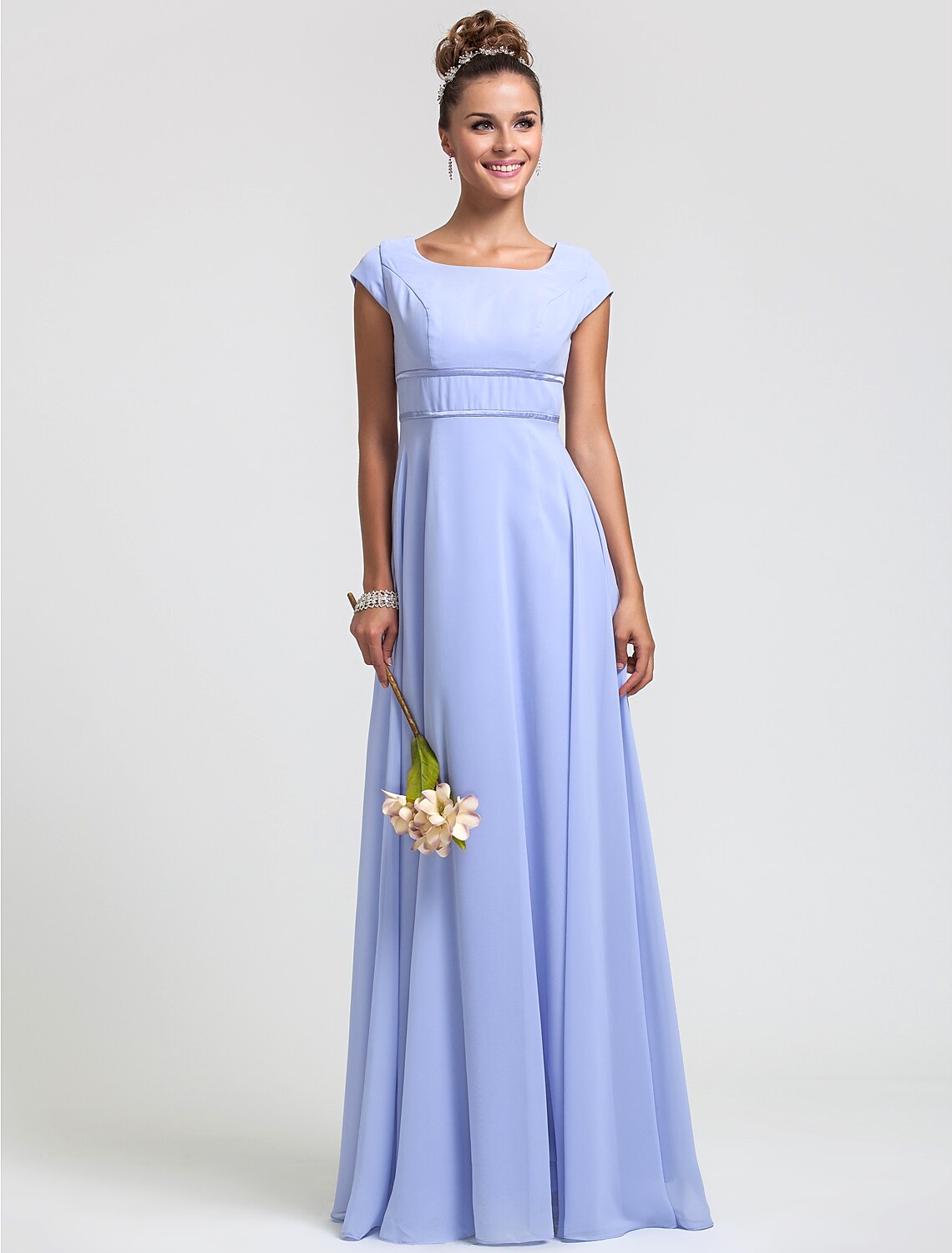 Model wearing a floor-length chiffon bridesmaid dress with a square neck and short sleeves.