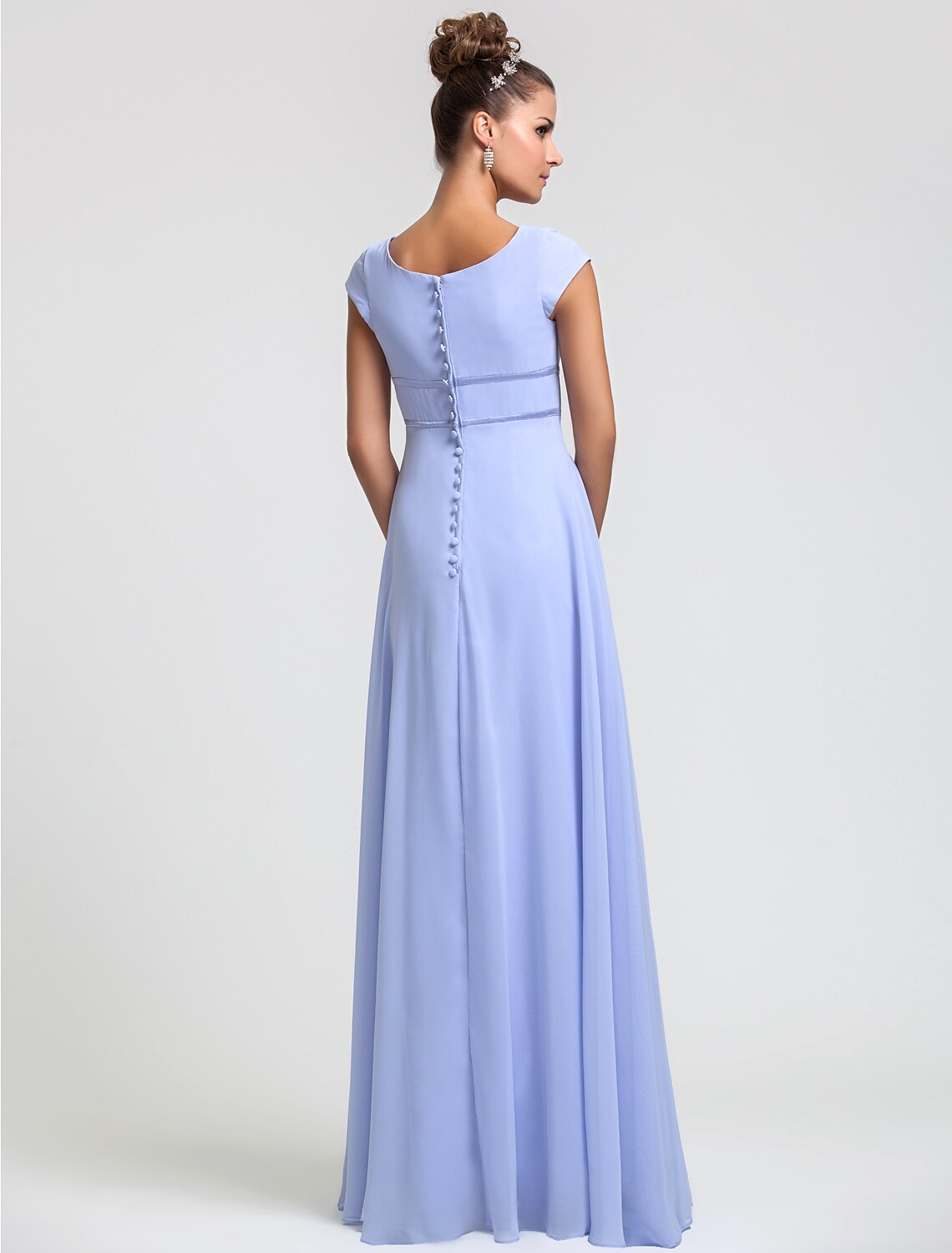Back view of the elegant sheath bridesmaid dress, showing pleats and a flowing sash.