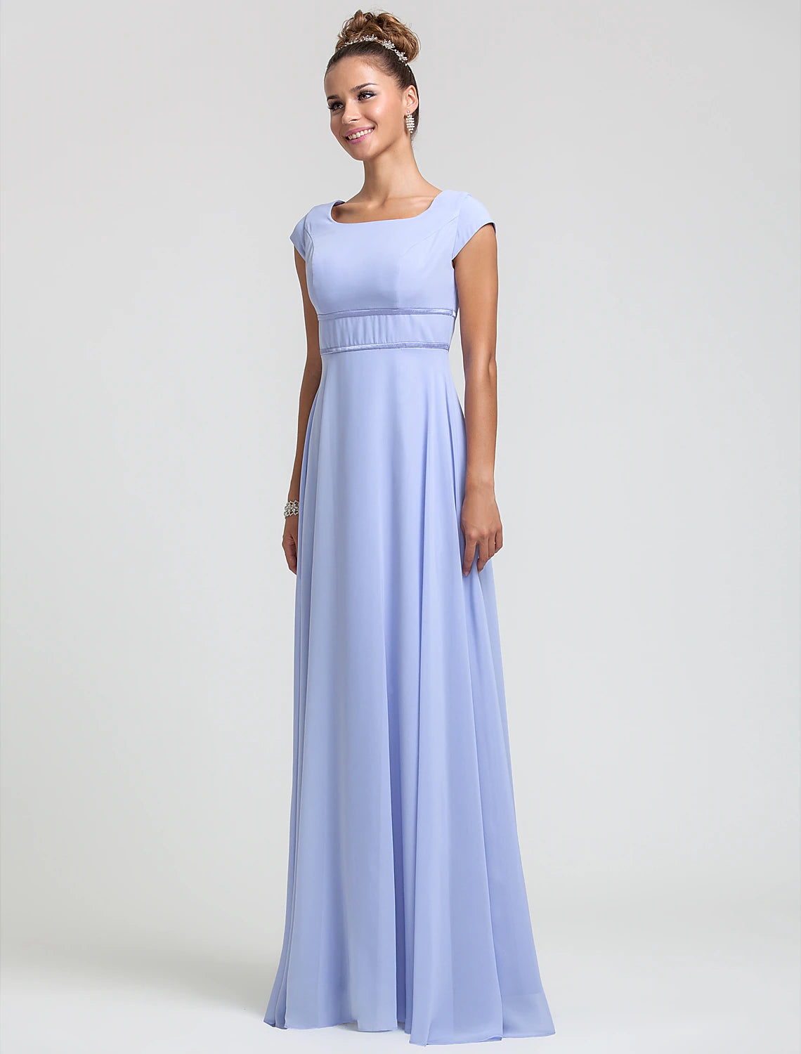 Side profile of the bridesmaid gown, highlighting the square neckline and short sleeves.