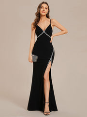 Elegant Spaghetti Strap Bodycon High Slit Rhinestone Evening Dress for Women