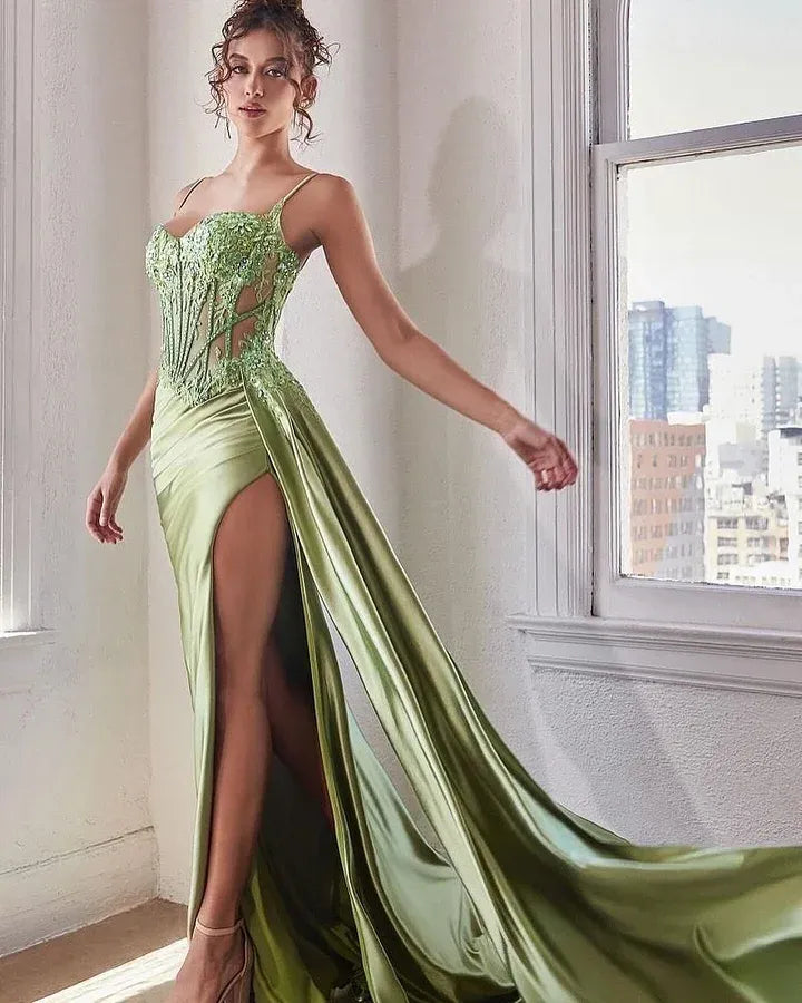Elegant Spaghetti Strap Sweetheart Lace Applique High Slit Satin Maxi Dress with Train