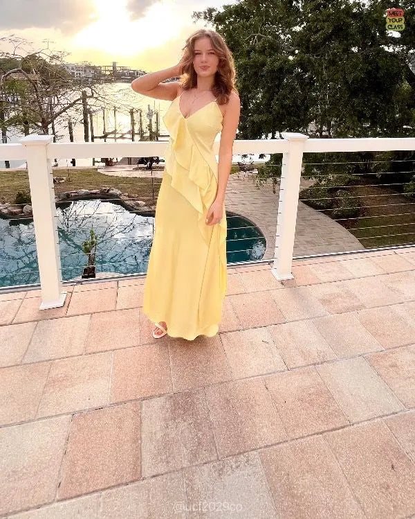 Elegant Spaghetti Strap V-Neck Cascading Ruffle Satin Bridesmaid Maxi Dress