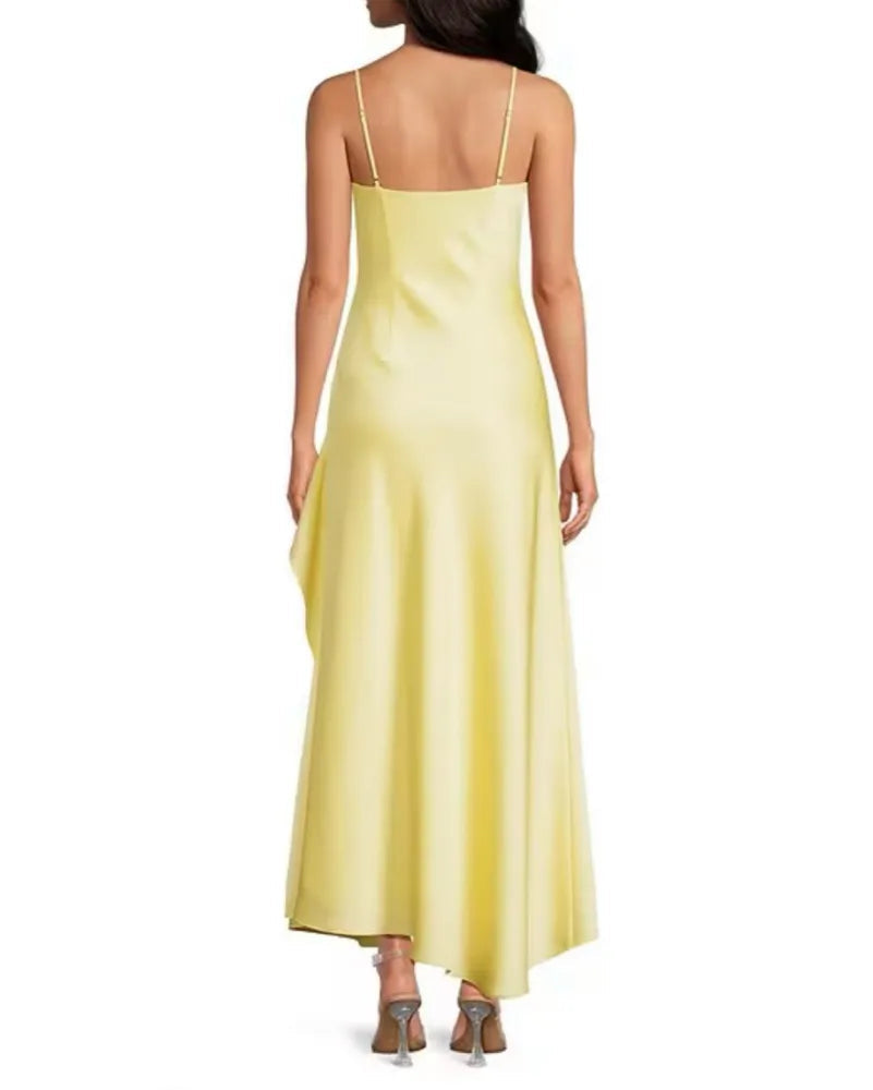 Elegant Spaghetti Strap V-Neck Cascading Ruffle Satin Bridesmaid Maxi Dress