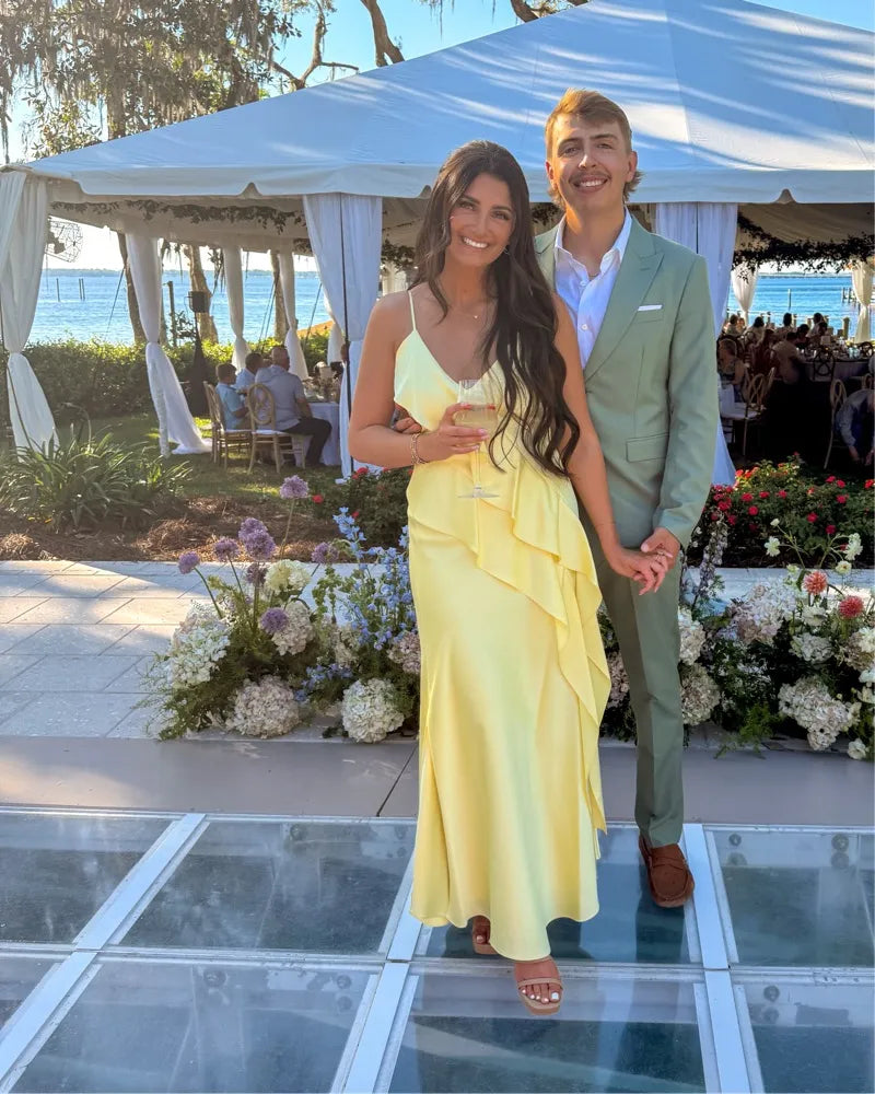 Elegant Spaghetti Strap V-Neck Cascading Ruffle Satin Bridesmaid Maxi Dress