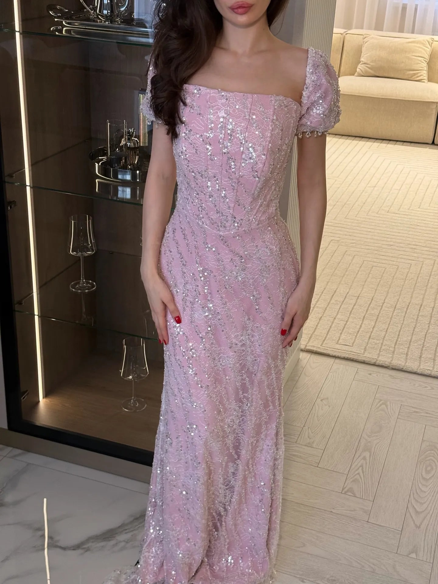 Elegant Square Neck Puff Sleeve Beaded Lace Mermaid Maxi Dress