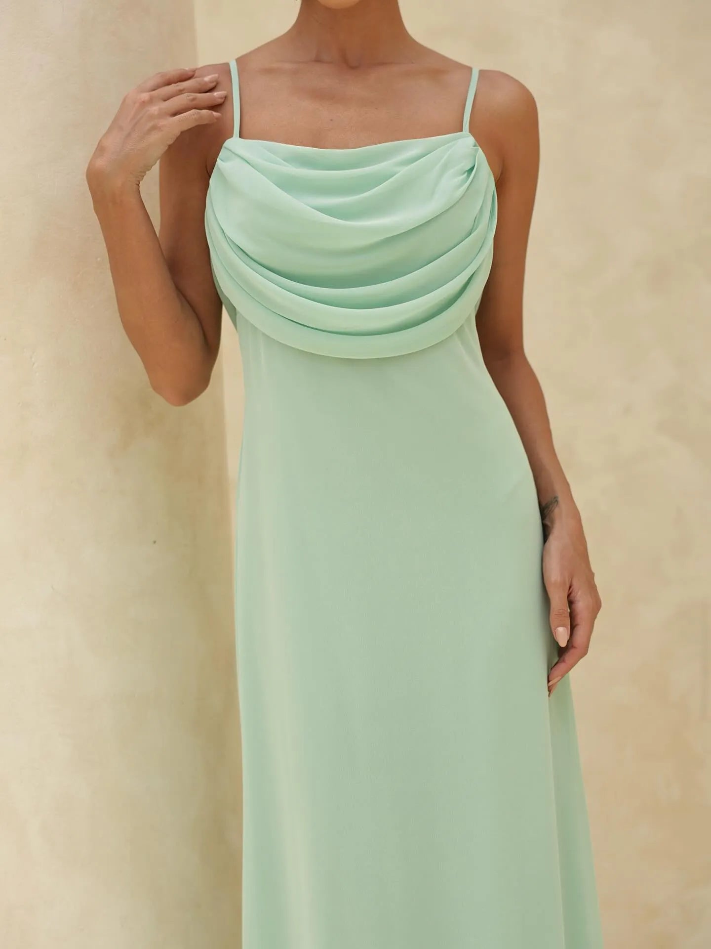 Elegant Square Neck Spaghetti Strap Cowl Back Chiffon Maxi Dress