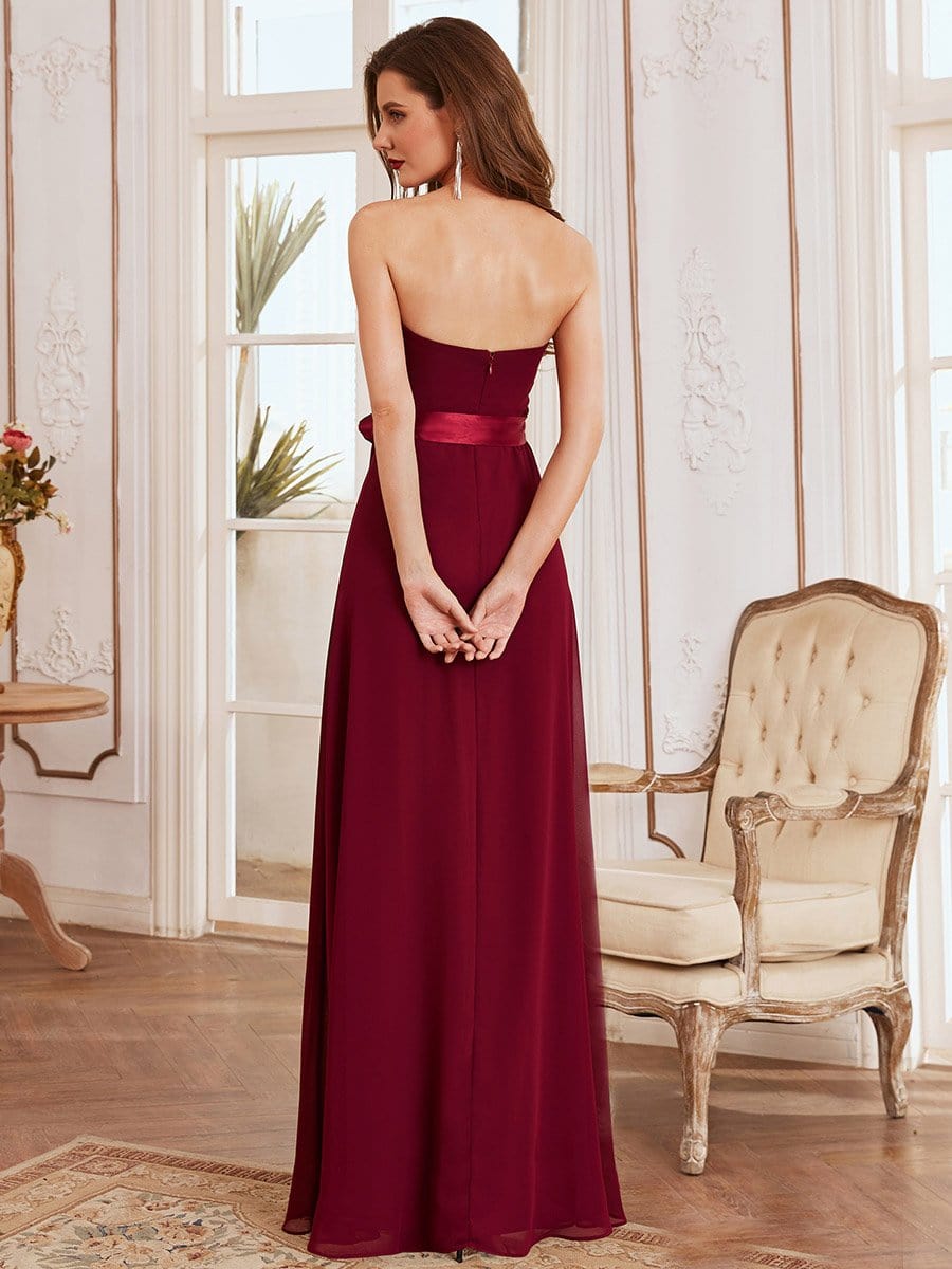 Side view of Weitese strapless A-line bridesmaid dress, showing knotted waist detail.