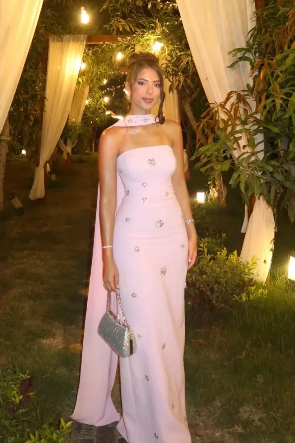 Elegant Strapless Cape Beaded Star Mermaid Maxi Dress