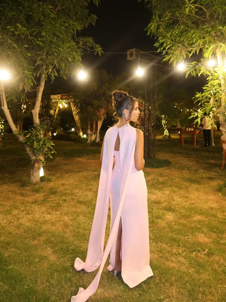 Elegant Strapless Cape Beaded Star Mermaid Maxi Dress