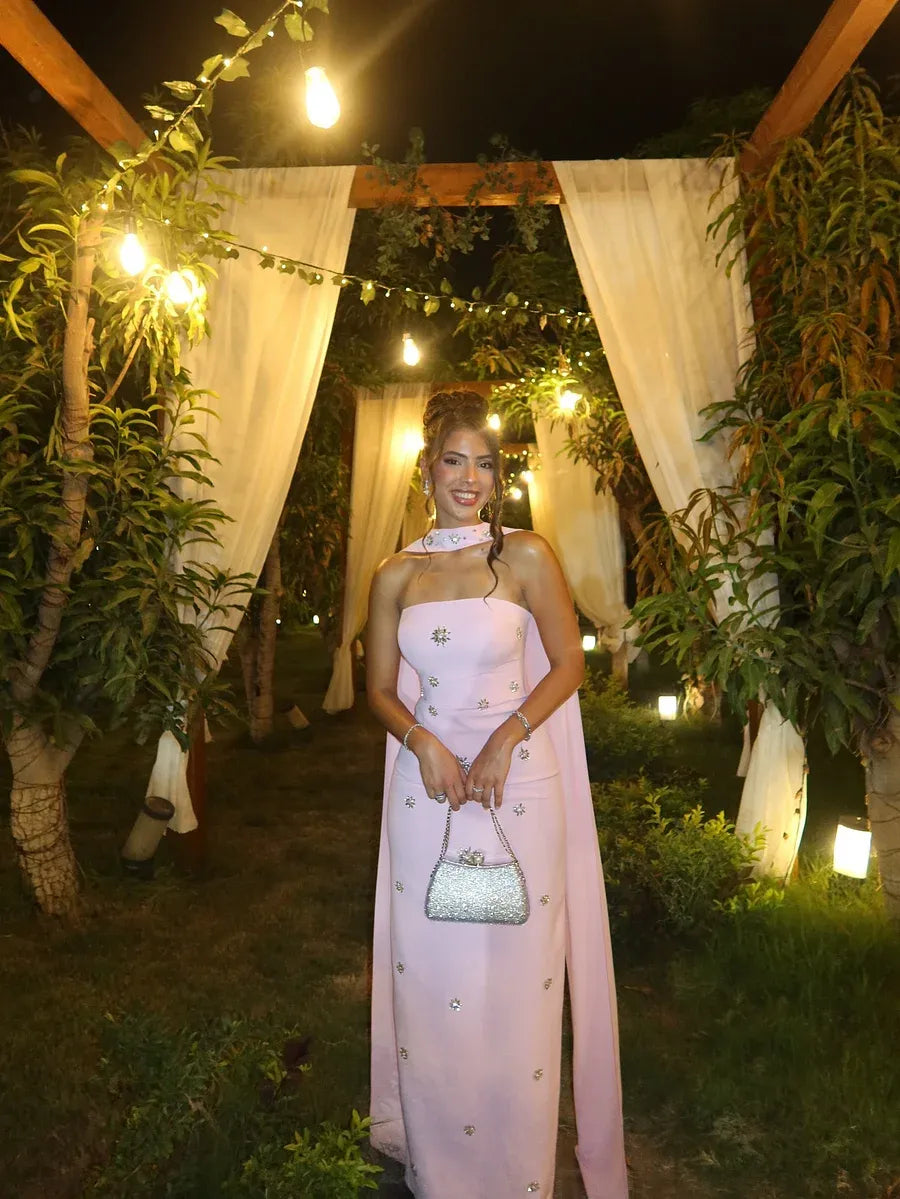 Elegant Strapless Cape Beaded Star Mermaid Maxi Dress