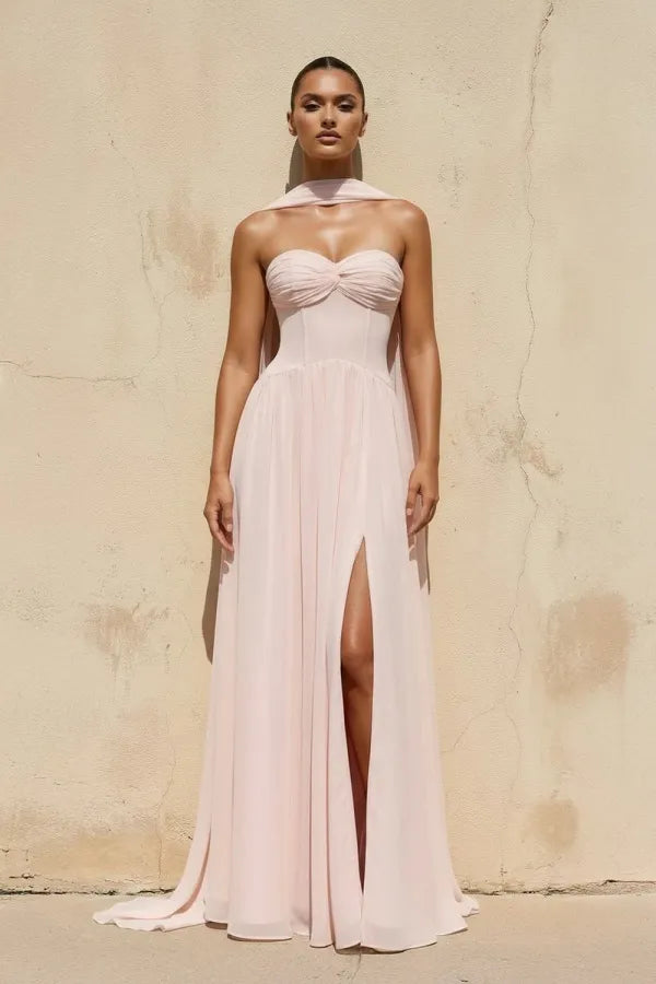 Elegant Strapless Corset Split Chiffon Cape Maxi Dress