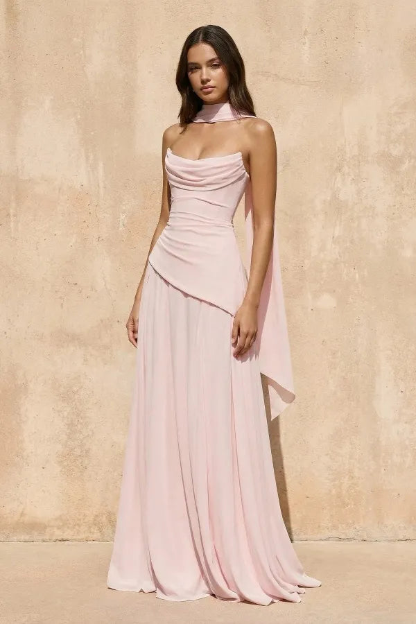 Elegant Strapless Cowl Neck Corset Chiffon Cape Maxi Dress