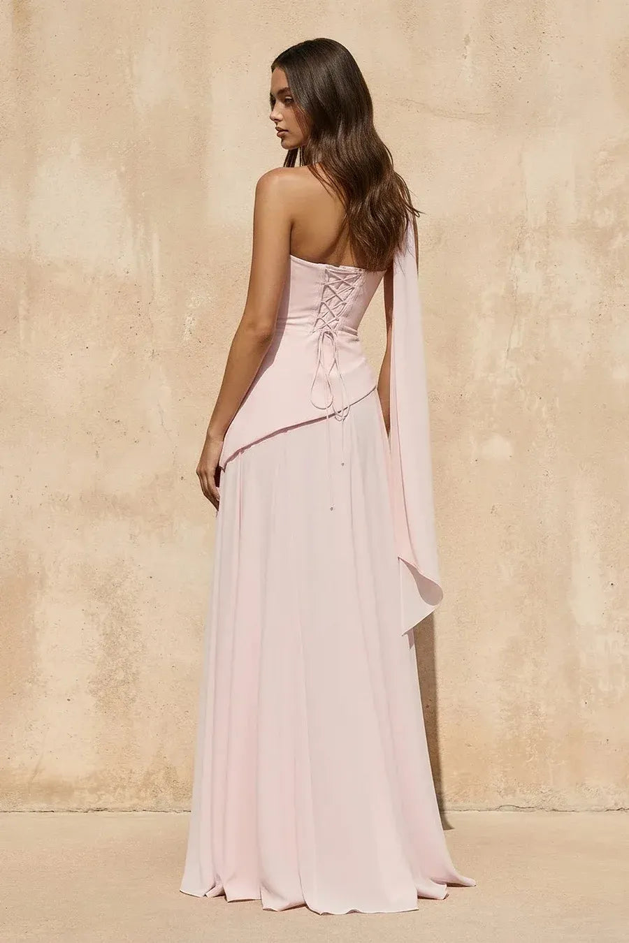 Elegant Strapless Cowl Neck Corset Chiffon Cape Maxi Dress