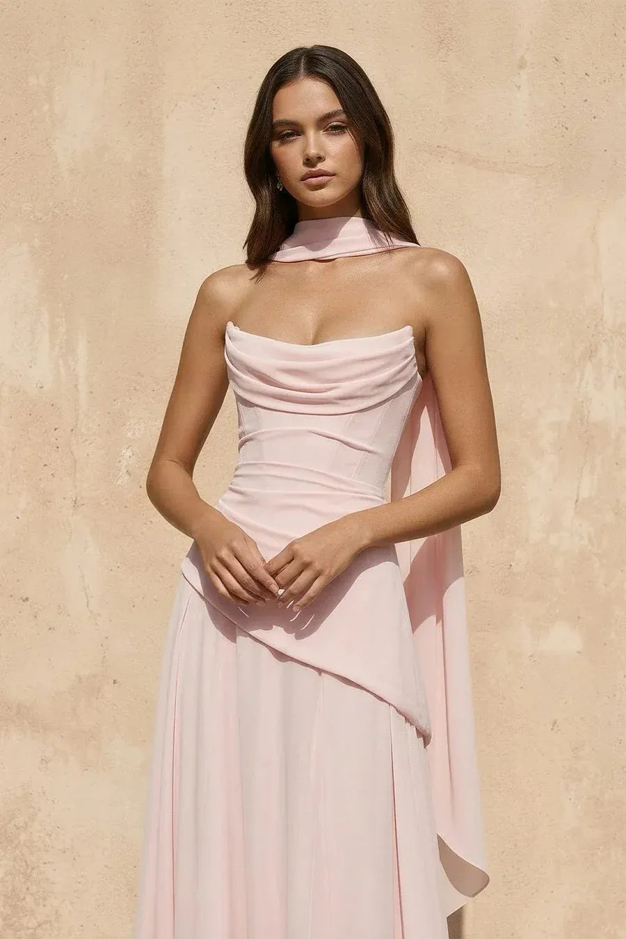 Elegant Strapless Cowl Neck Corset Chiffon Cape Maxi Dress