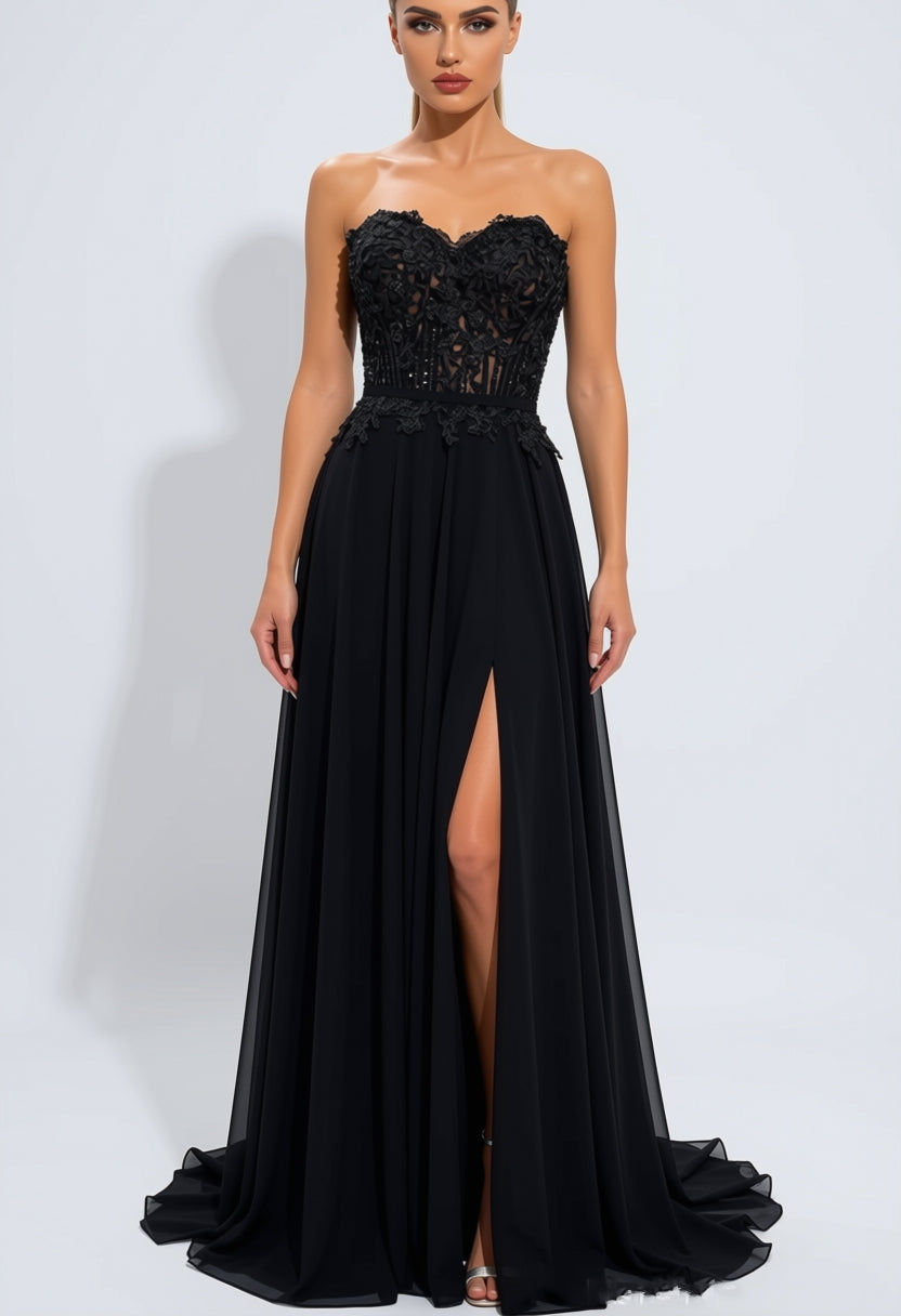 Elegant Strapless Lace Applique Chiffon A-Line Maxi Dress with High Slit & Train