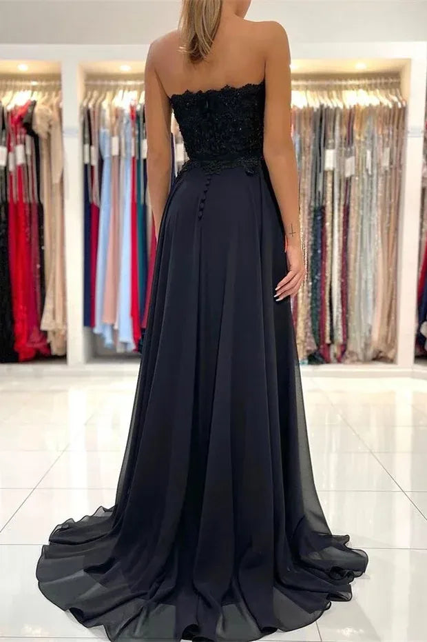 Elegant Strapless Lace Applique Chiffon A-Line Maxi Dress with High Slit & Train