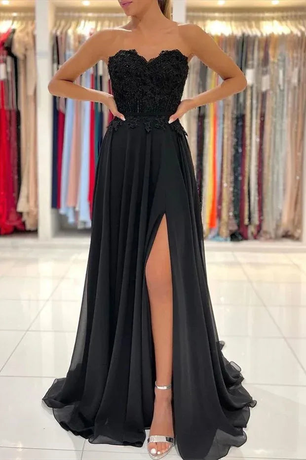 Elegant Strapless Lace Applique Chiffon A-Line Maxi Dress with High Slit & Train