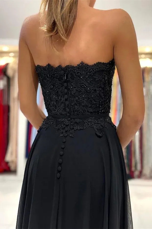 Elegant Strapless Lace Applique Chiffon A-Line Maxi Dress with High Slit & Train