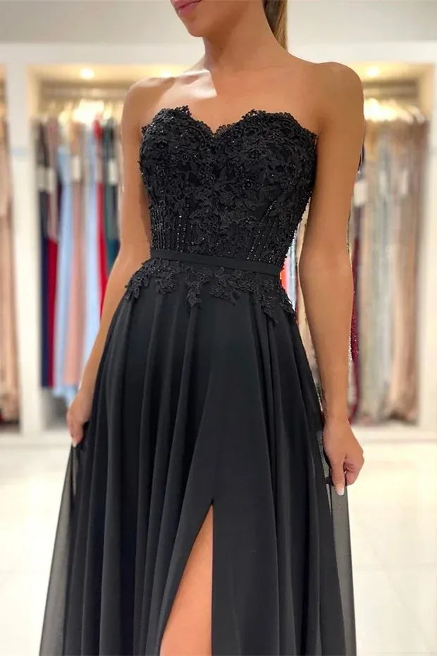 Elegant Strapless Lace Applique Chiffon A-Line Maxi Dress with High Slit & Train