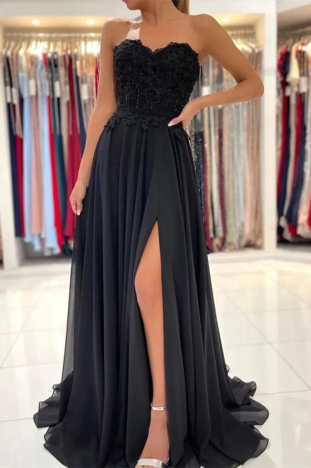 Elegant Strapless Lace Applique Chiffon A-Line Maxi Dress with High Slit & Train
