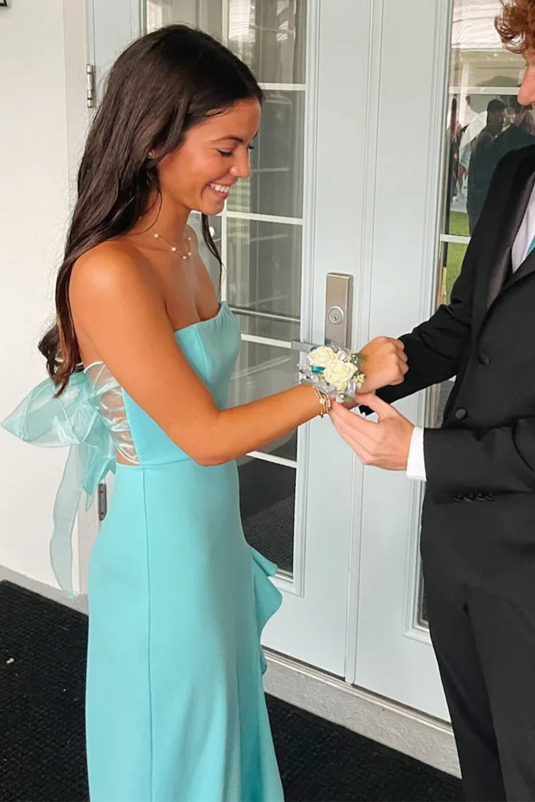 Elegant Strapless Mermaid Prom Dress With Bow Back And Ruffle Hem