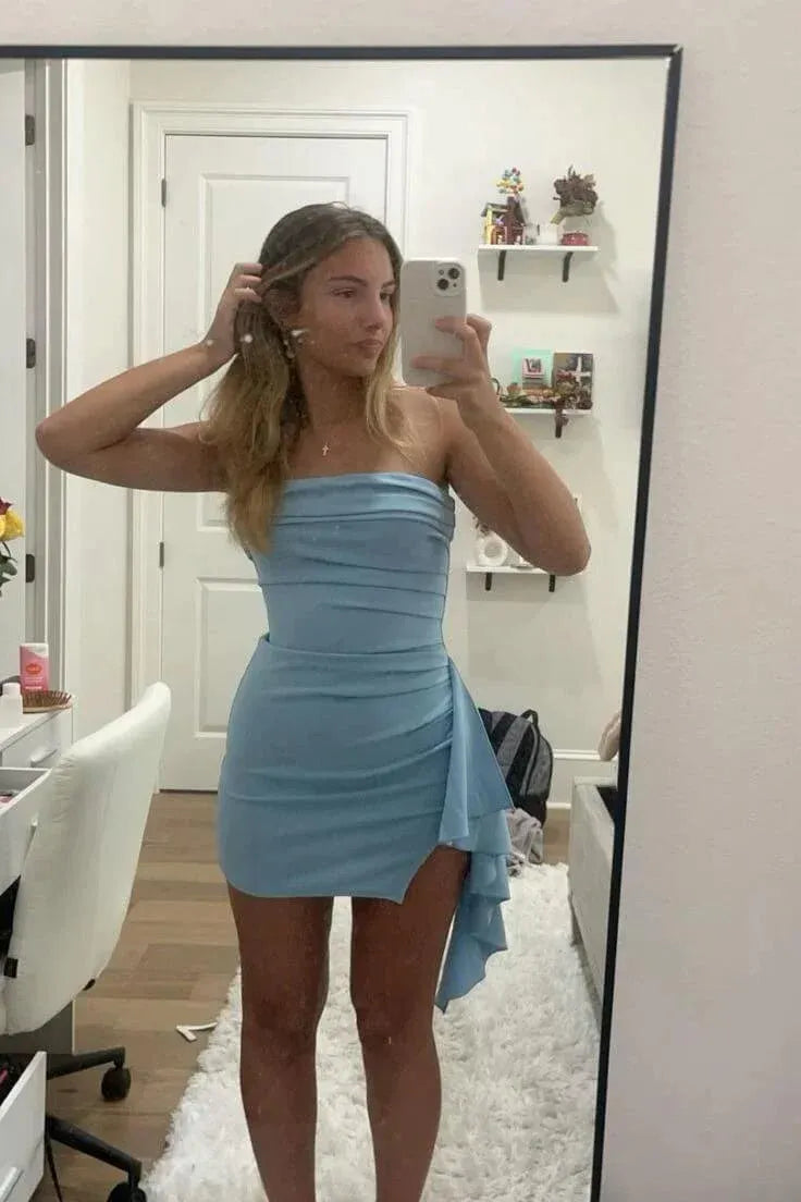 Elegant Strapless Ruched Bodycon Mini Dress with Ruffle