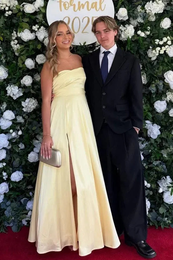 Elegant Strapless Ruched High Slit Satin A-Line Prom Dress