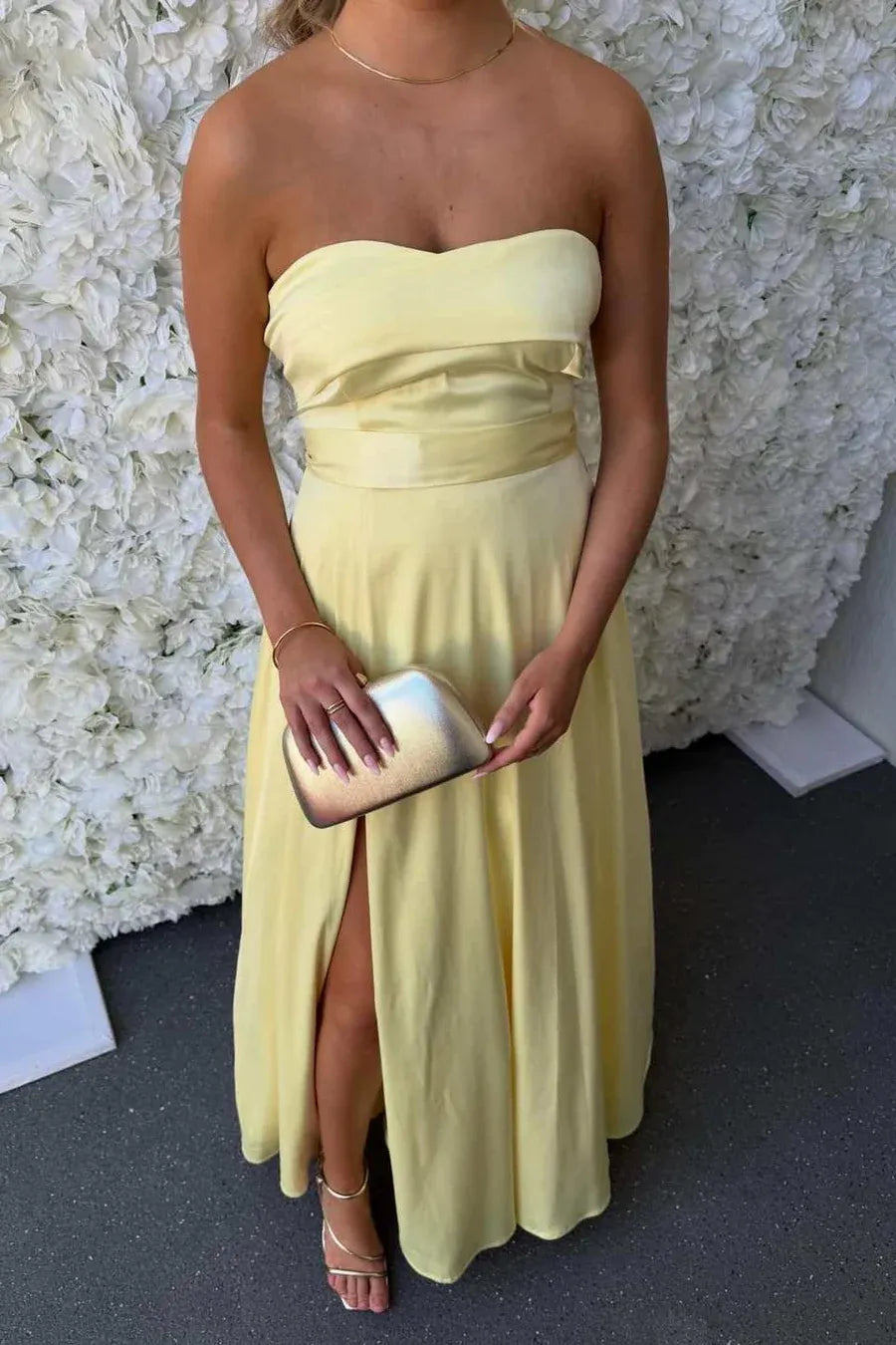 Elegant Strapless Ruched High Slit Satin A-Line Prom Dress