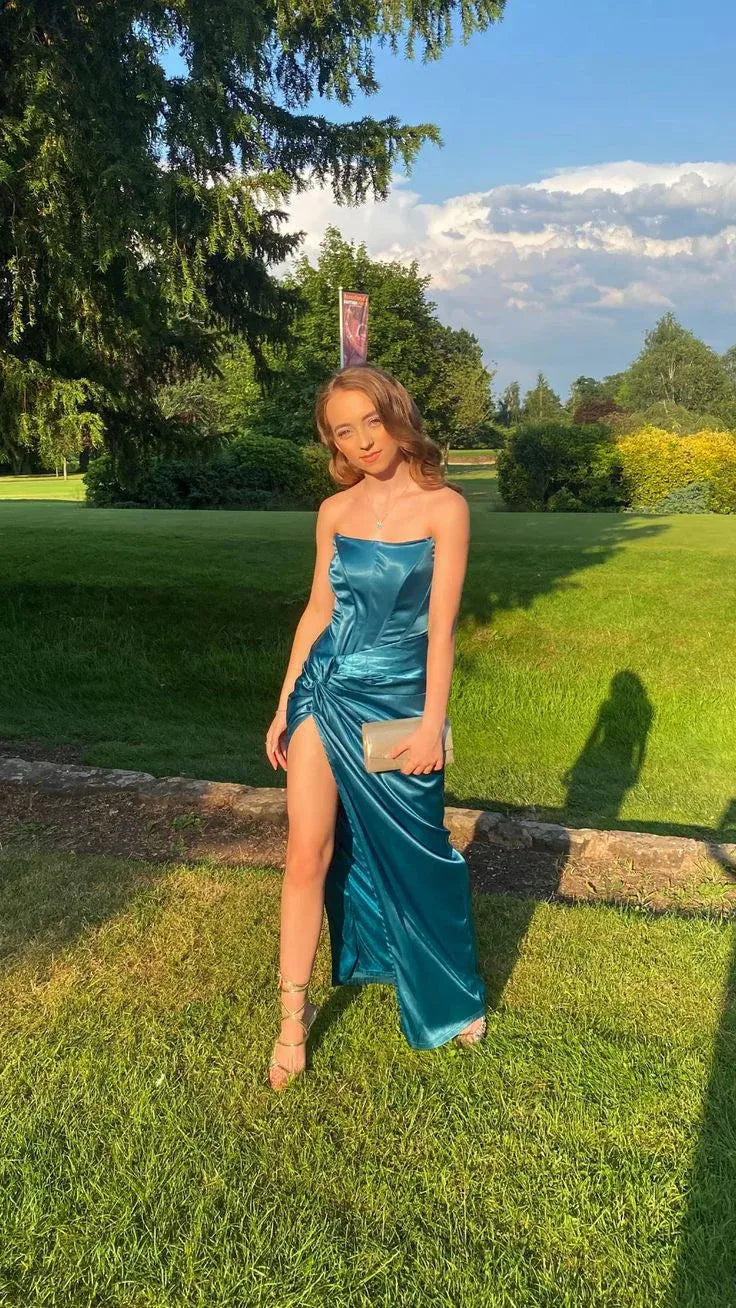 Elegant Strapless Ruched Satin High Slit Mermaid Evening Dress