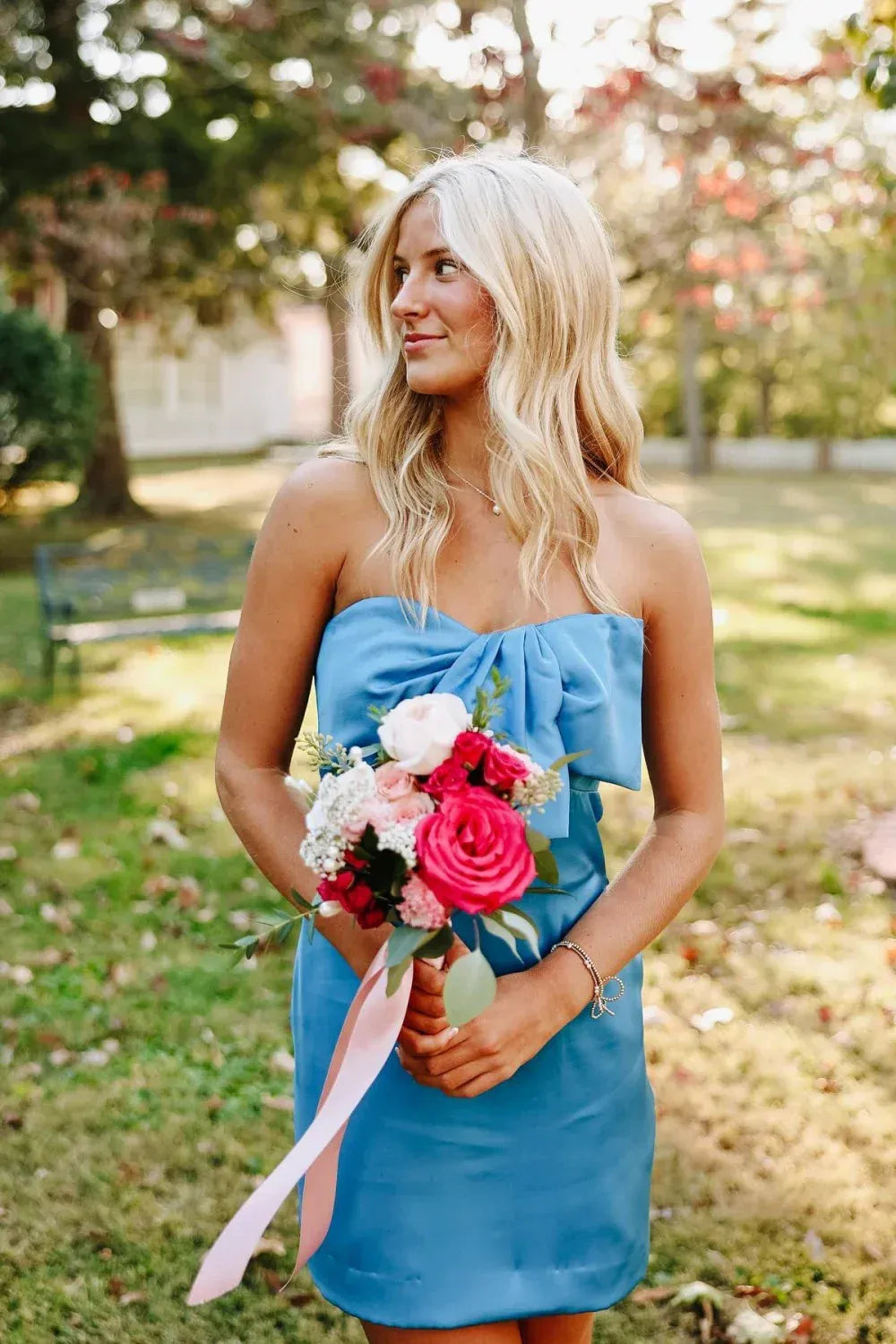 Elegant Strapless Satin Mini Dress with Bow Detail