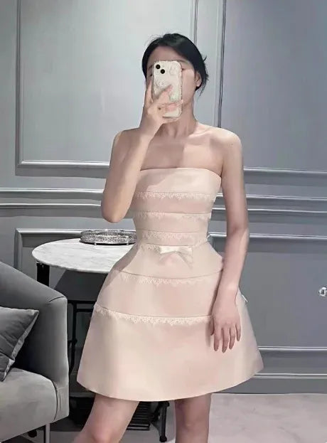 Elegant Strapless Satin Mini Dress with Bow & Lace Trim