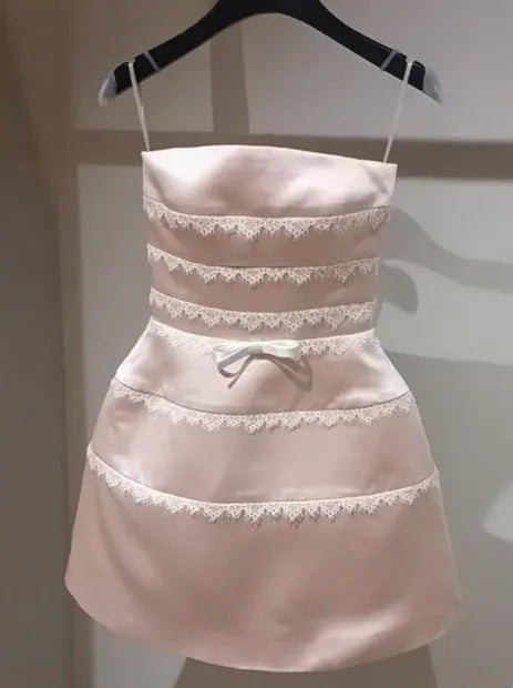 Elegant Strapless Satin Mini Dress with Bow & Lace Trim