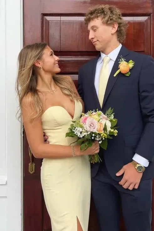 Elegant Strapless Sweetheart High Slit Mermaid Satin Prom Dress