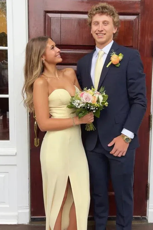 Elegant Strapless Sweetheart High Slit Mermaid Satin Prom Dress