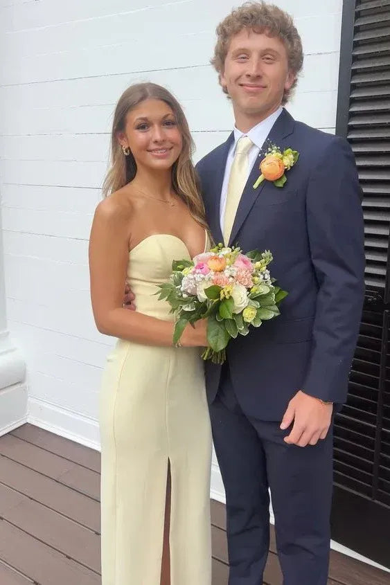 Elegant Strapless Sweetheart High Slit Mermaid Satin Prom Dress