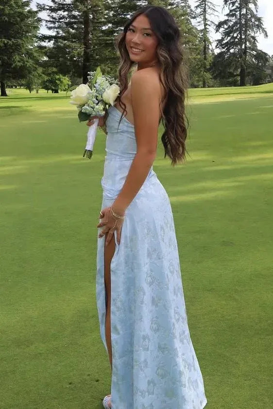 Elegant Strapless Sweetheart Jacquard Mermaid Prom Dress With High Slit
