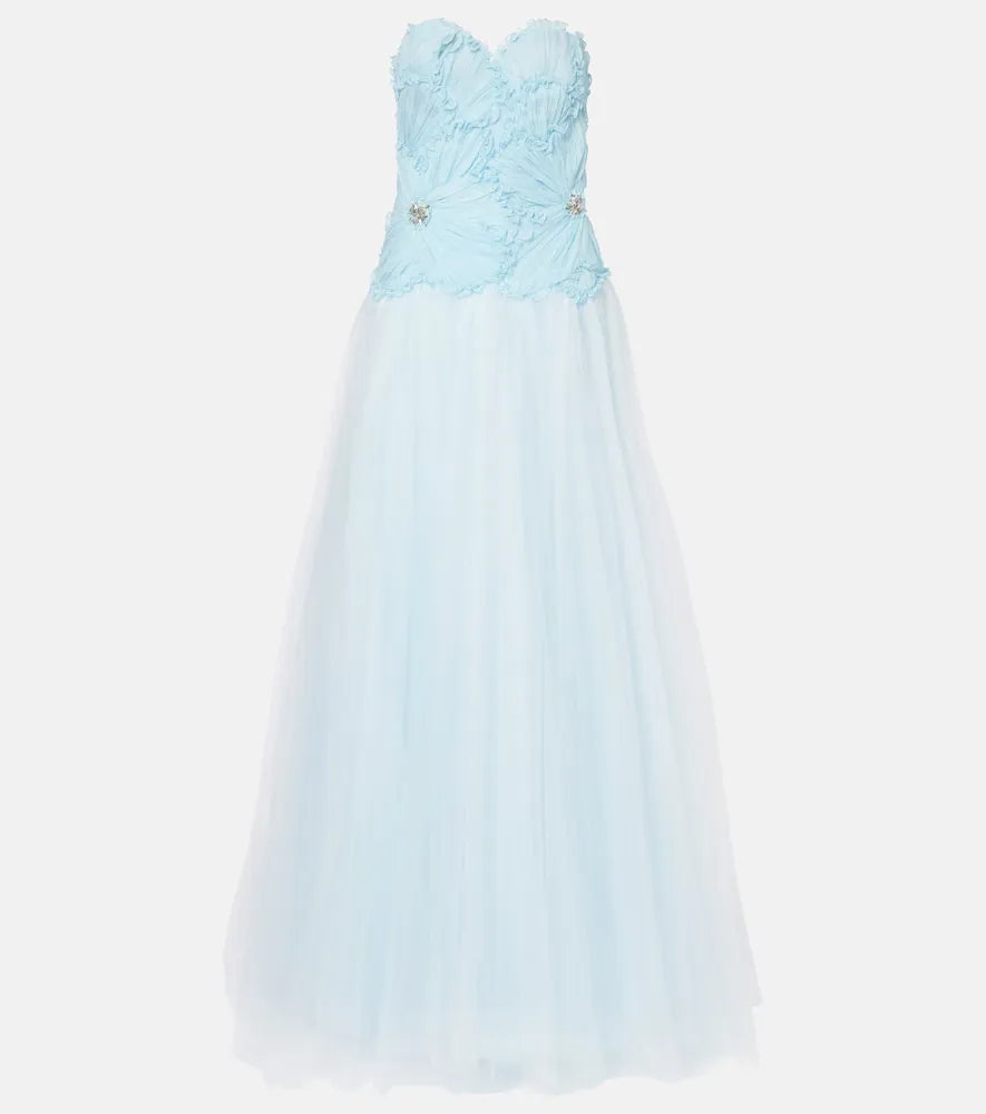 Elegant Strapless Sweetheart Ruffle Beaded Tulle A-Line Ball Gown