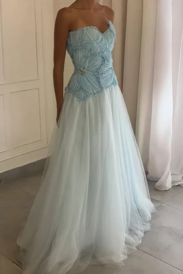 Elegant Strapless Sweetheart Ruffle Beaded Tulle A-Line Ball Gown