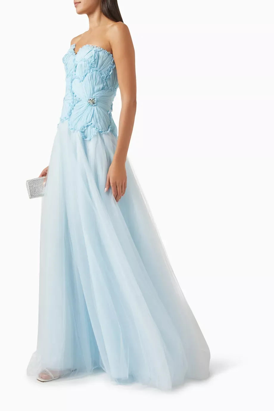 Elegant Strapless Sweetheart Ruffle Beaded Tulle A-Line Ball Gown