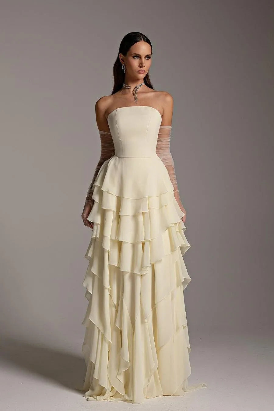Elegant Strapless Sweetheart Tiered Ruffle Chiffon A-Line Maxi Dress