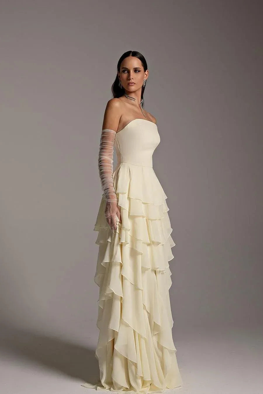 Elegant Strapless Sweetheart Tiered Ruffle Chiffon A-Line Maxi Dress