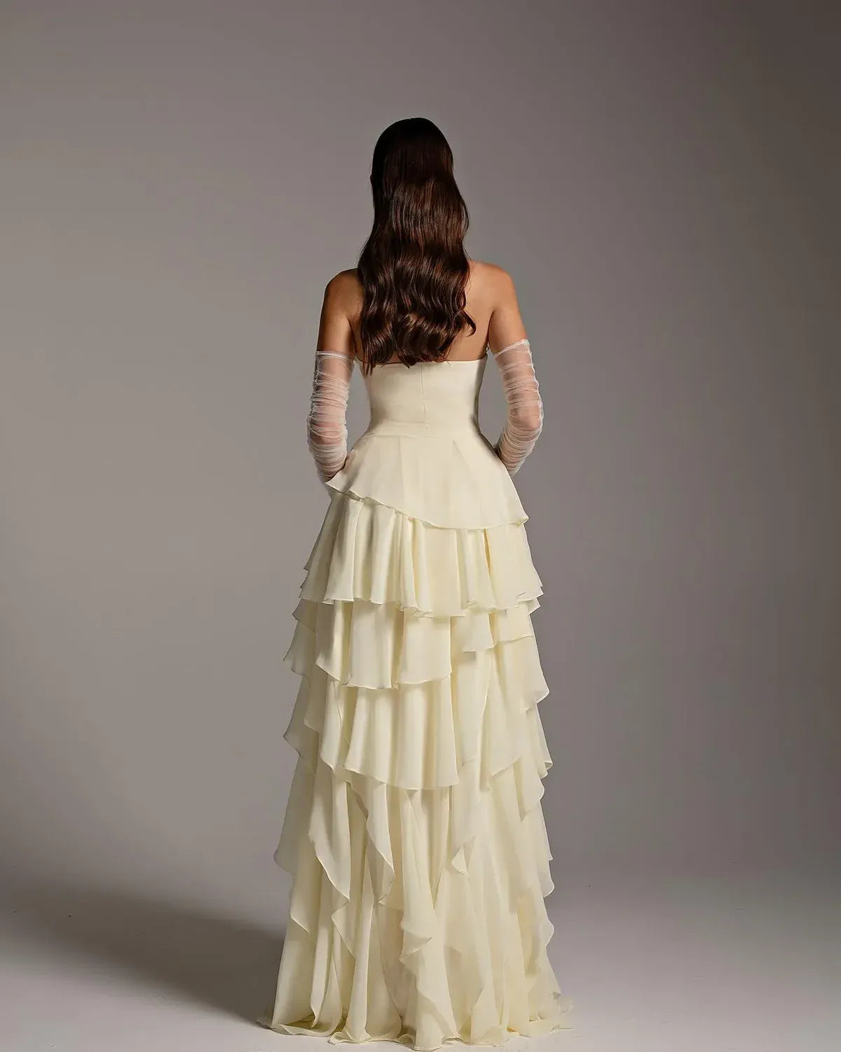 Elegant Strapless Sweetheart Tiered Ruffle Chiffon A-Line Maxi Dress