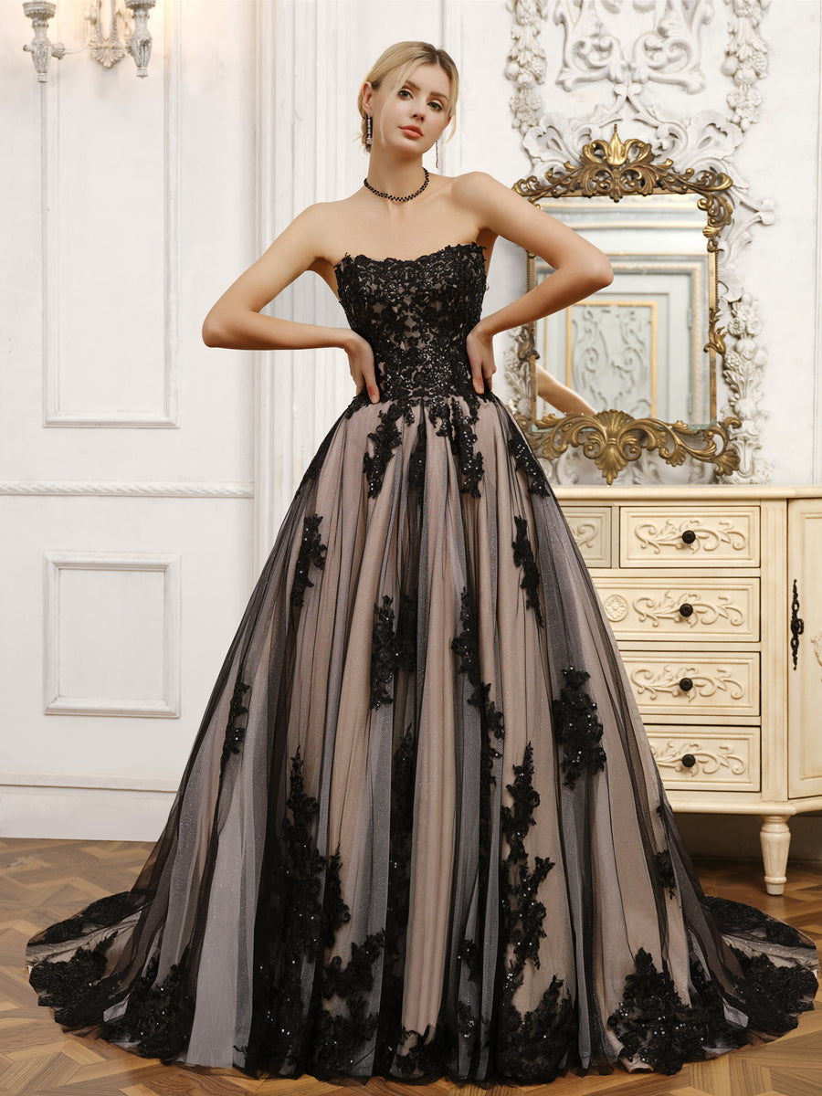 Weitese strapless tulle ball gown wedding dress with intricate beading, front view.