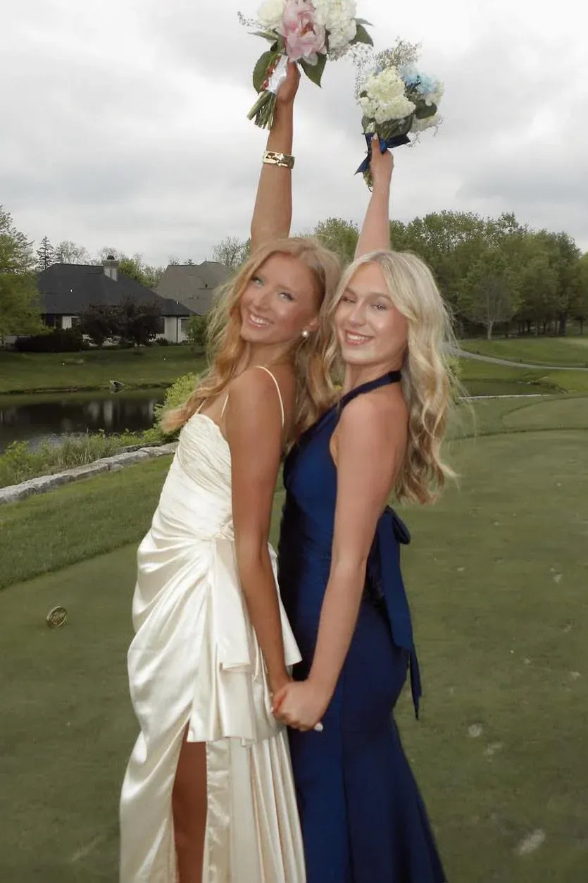 Elegant Strapless Twist Cutout High Slit Satin Bridesmaid Maxi Dress