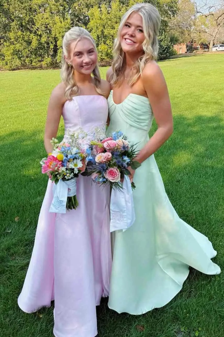Elegant Strapless Twist Front Satin A-Line Prom Dress