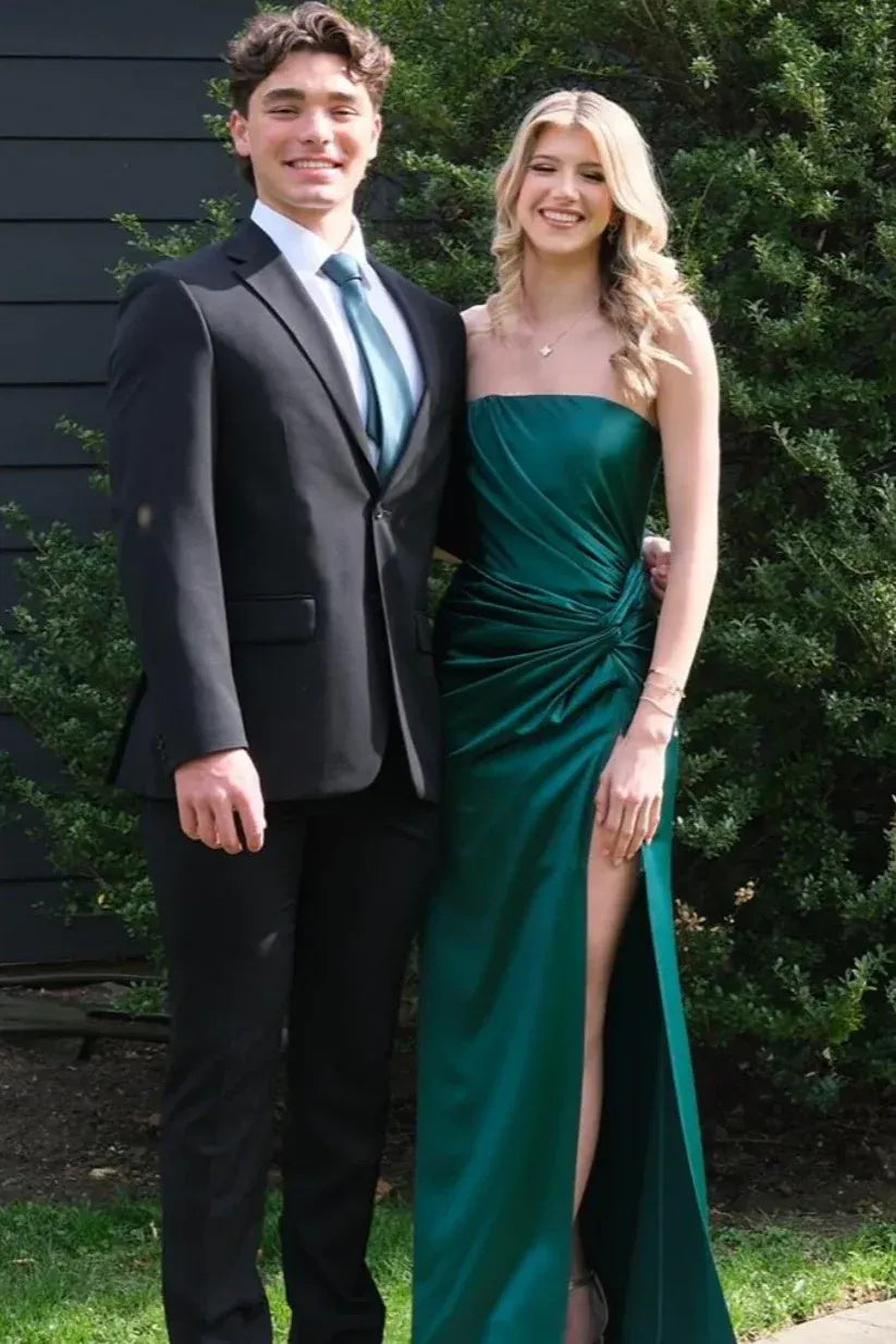 Elegant Strapless Twist Knot High Slit Satin Mermaid Prom Dress