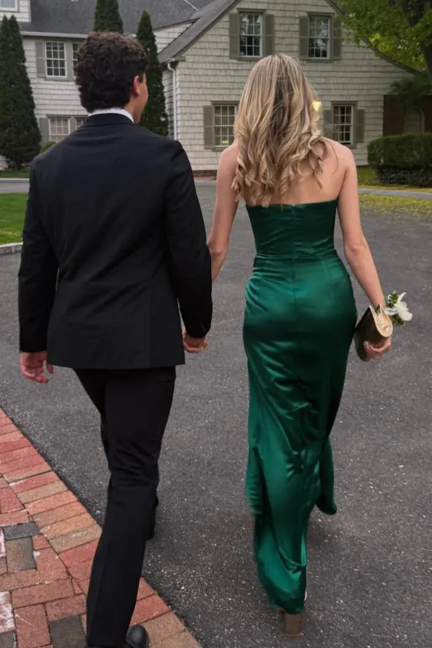 Elegant Strapless Twist Knot High Slit Satin Mermaid Prom Dress